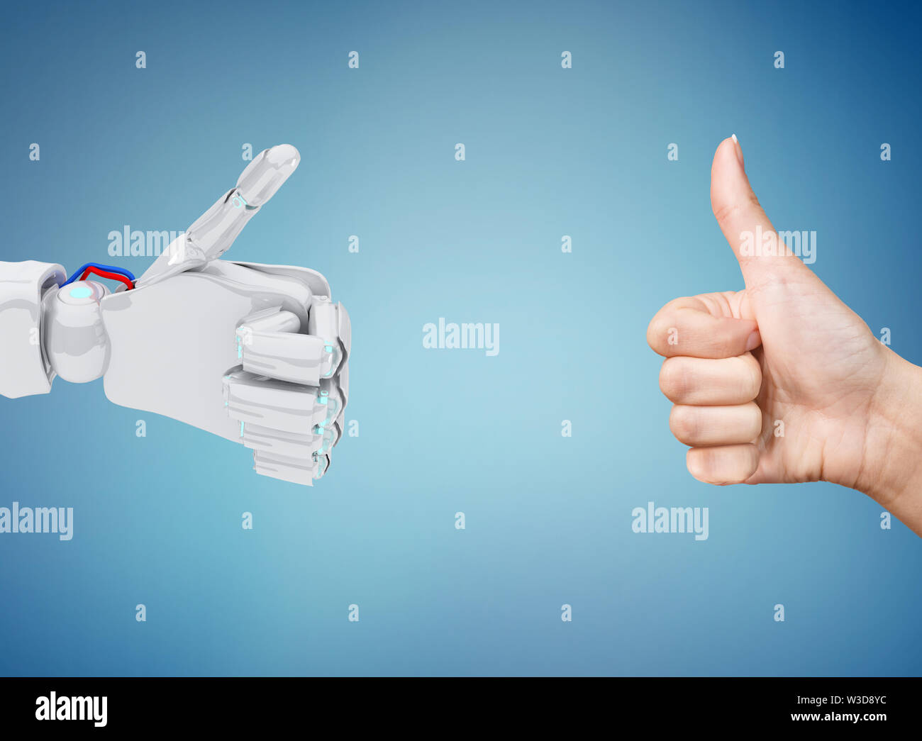Roboter und menschlichen Händen zeigt Daumen nach oben Geste. Über blauen Hintergrund. 3D-Rendering Stockfoto