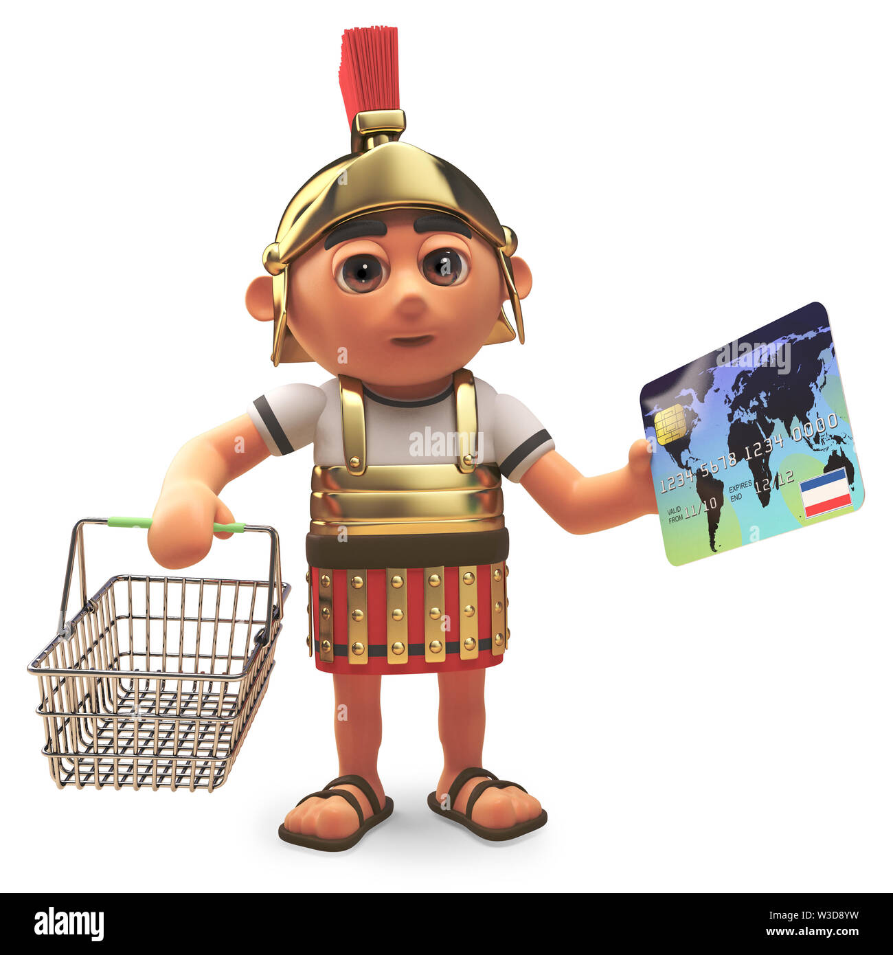 Cartoon 3d-römischen Hauptmann Soldat kauft seine Lebensmittel mit einer EC-Karte, 3d-Grafik rendern Stockfoto
