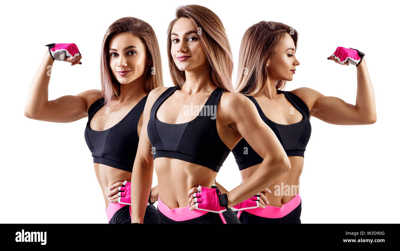 Collage der Frau in Sportswear demonstriert ihre Muskulatur athletischer Körper. Auf weiß Isoliert Stockfoto