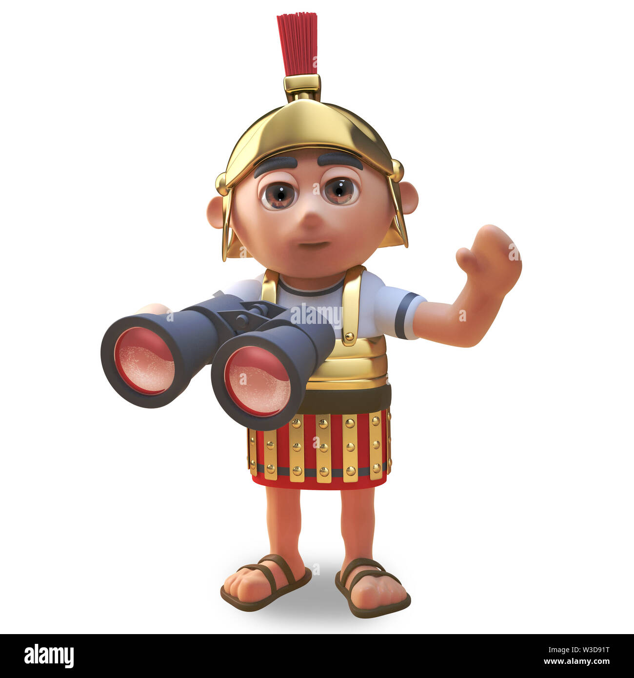 Freundlich 3d Cartoon römischer Legionär Soldat Wellen mit seinem Fernglas, 3d-Grafik rendern Stockfoto