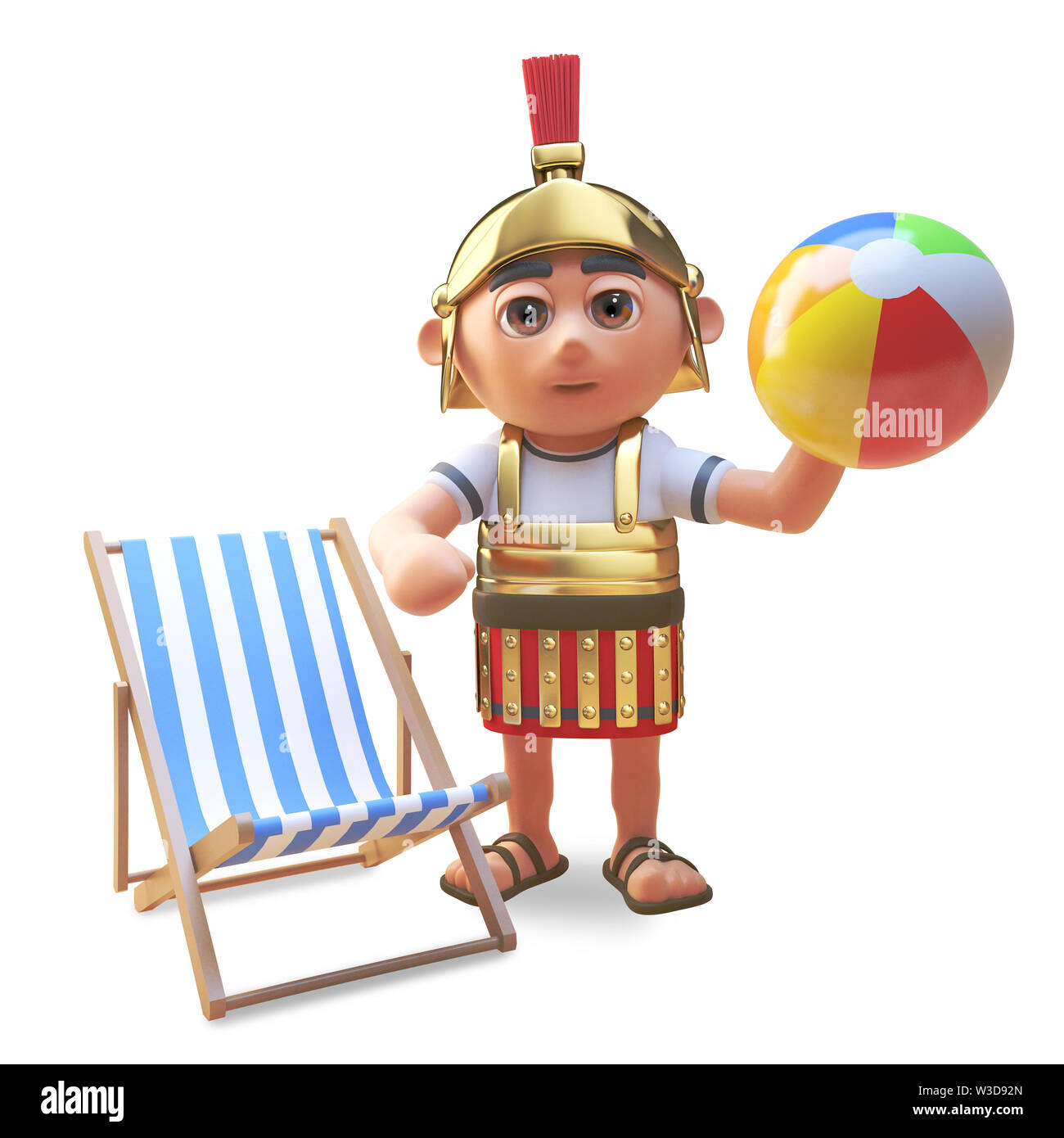 3d Cartoon römischer Legionär Soldat auf seinen Urlaub mit einem Beachball und Liegestuhl, 3d-Grafik rendern Stockfoto