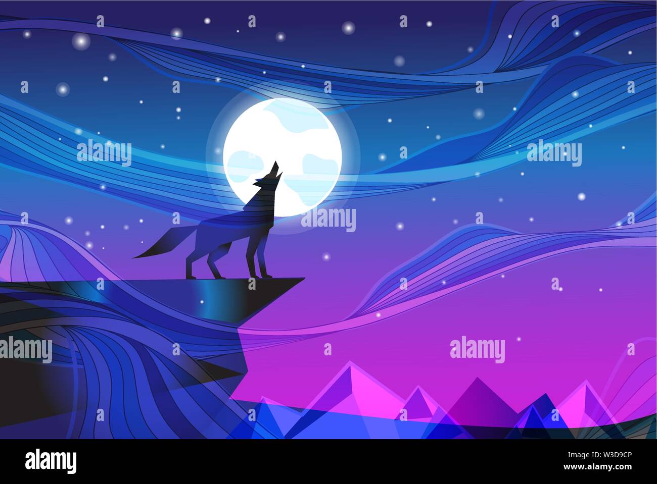 Nacht Landschaft mit Mond und howling wolf gegen den Sternenhimmel. Design vorlage für Poster oder ein Buch. Stock Vektor