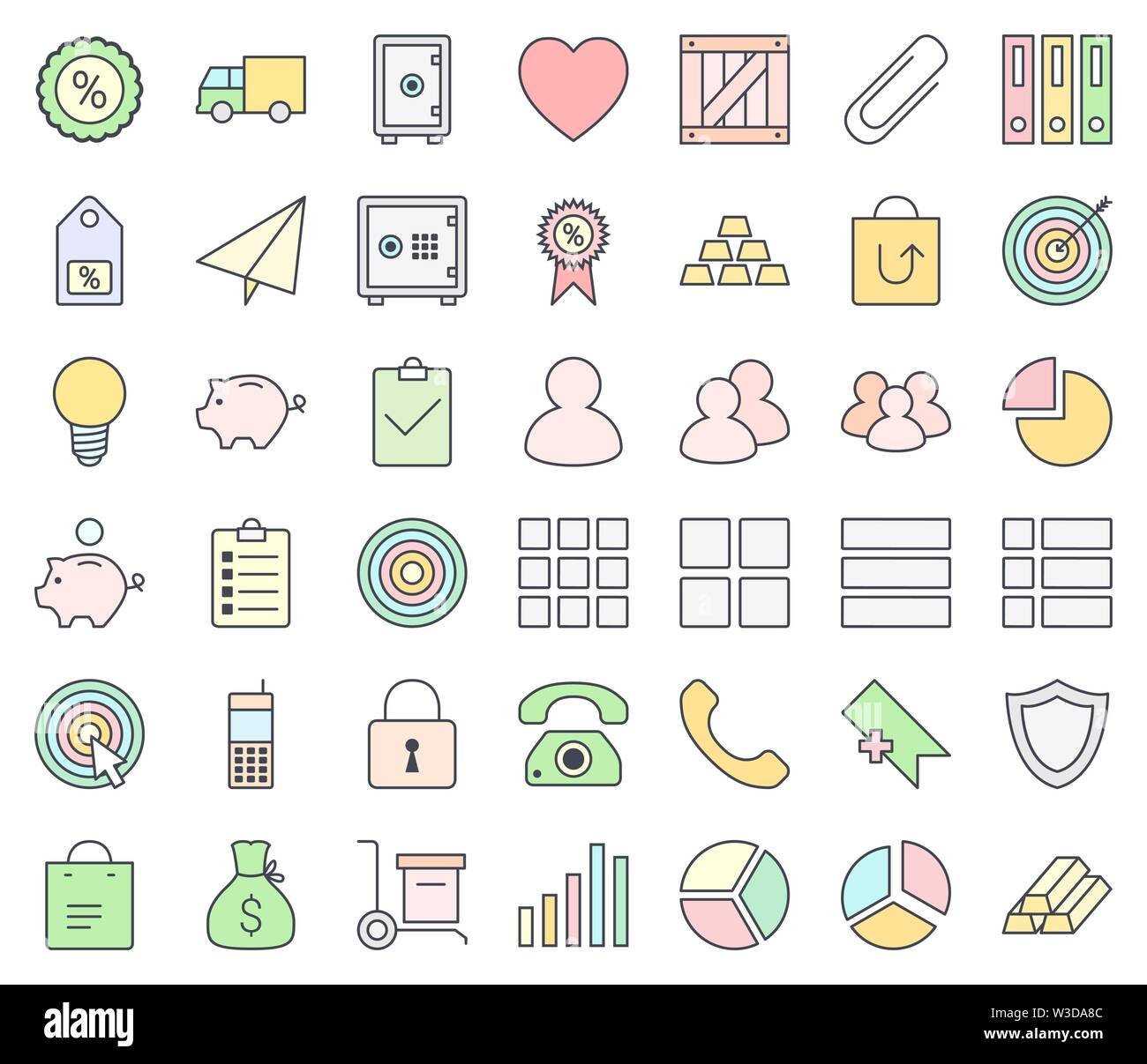 Web Design, SEO und Entwicklung dünne Linie vektor Icon Set, Abfüllung in Pastellfarben, auf weißem Hintergrund. Stock Vektor