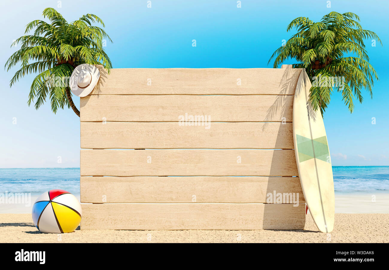 Leeres weißes Holzbrett am Strand, Sommer, Reisen, Destination, Hintergrund, 3D-Rendering Stockfoto