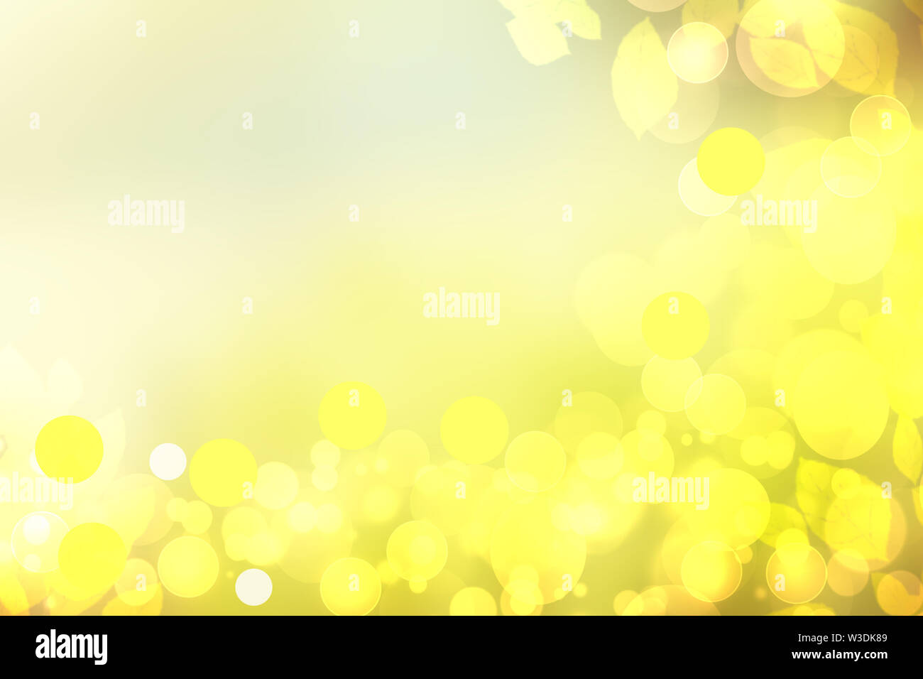 Sonnige abstrakt hell gelb grün bokeh Herbst Hintergrund Textur mit Blättern. Platz für Ihre Konstruktion. Schöne gelbe Abbildung. Stockfoto