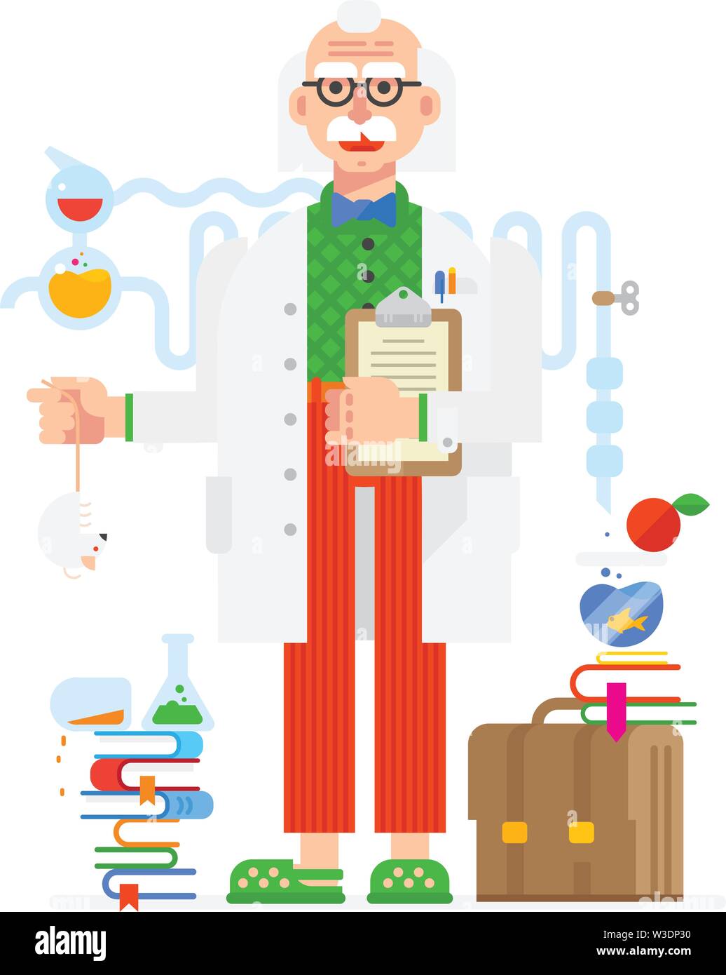 Wissenschaftler im Stil der Cartoon. Isoliertes Objekt auf weißem Hintergrund. Vector Illustration. Flache Vector Illustration. Zeichen Design. Stock Vektor