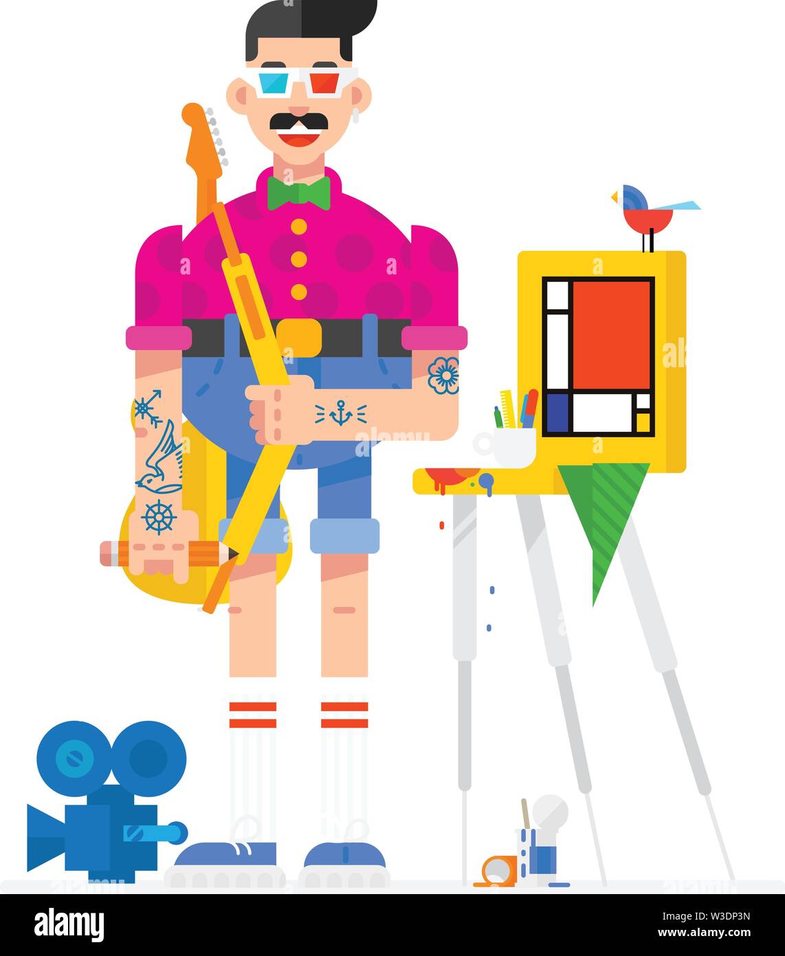 Künstler Designer im Comic-stil. Artist am Arbeitsplatz. Charakter in einem flachen Stil. Das Bild ist auf weißem Hintergrund. Vector Illustration für p Stock Vektor Künstler Designer im Comic-stil. Artist am Arbeitsplatz. Charakter in einem flachen Stil. Das Bild ist auf weißem Hintergrund. Vector Illustration für p Stock Vektor