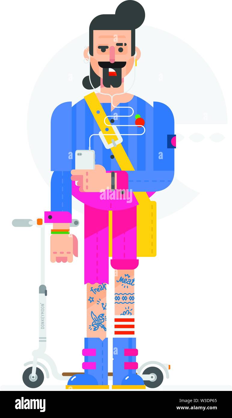 Die Karikatur Hipster ist in einem flachen Stil gemalt. Die Abbildung ist auf einem weißen Hintergrund. Ein Mann mit einem Telefon und einem Roller. Zeichen für Pr Stock Vektor