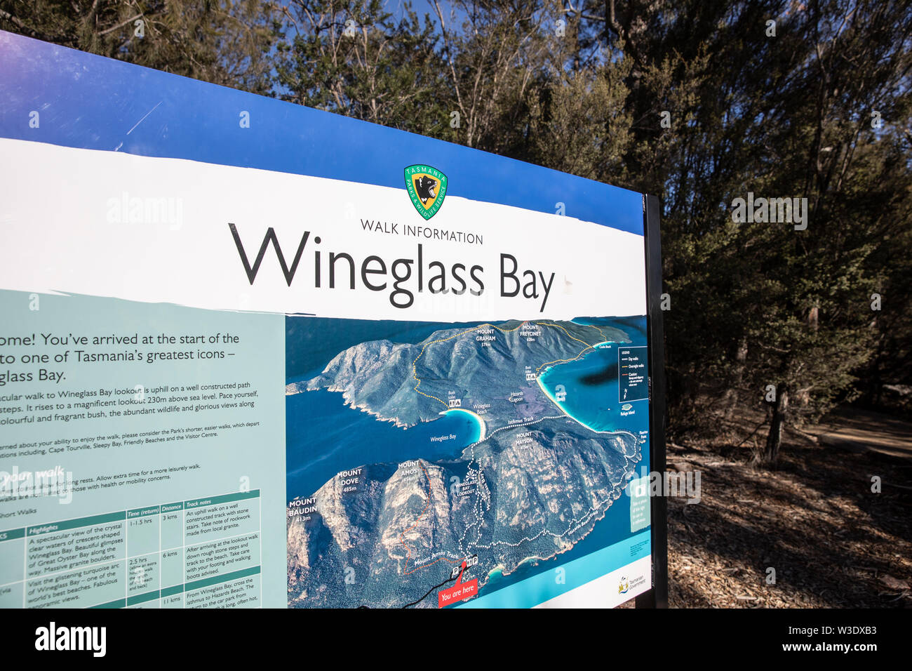 Wineglass Bay Visitor Information, Information Board zu Beginn der Wanderung zum Wineglass Bay Lookout, Freycinet Nationalpark, Tasmanien, Australien Stockfoto