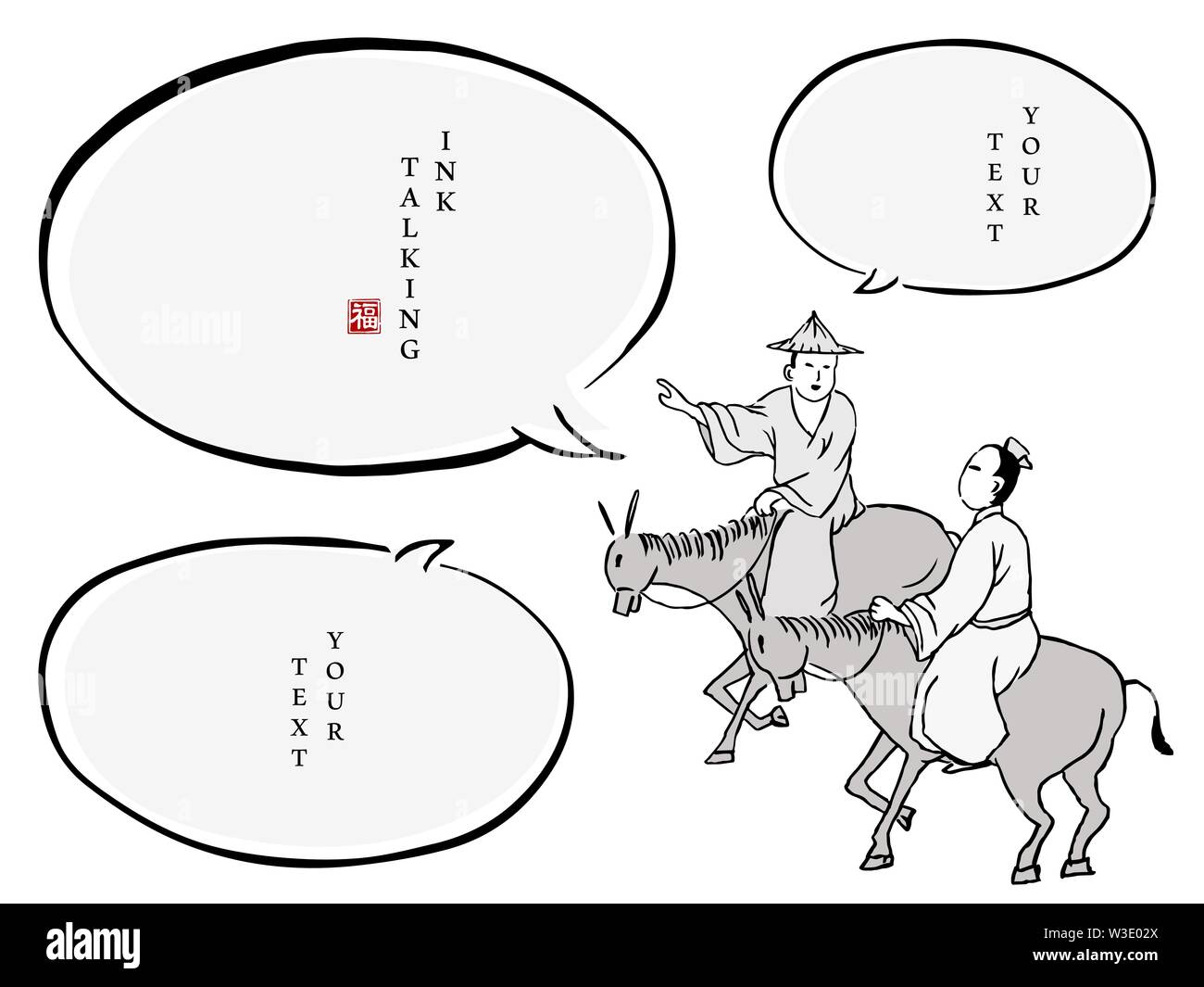 Chinesische Tinte Dialogfeld Vorlage Menschen Charakter in traditioneller Kleidung zwei Männer reiten und miteinander zu reden. Übersetzung Stock Vektor