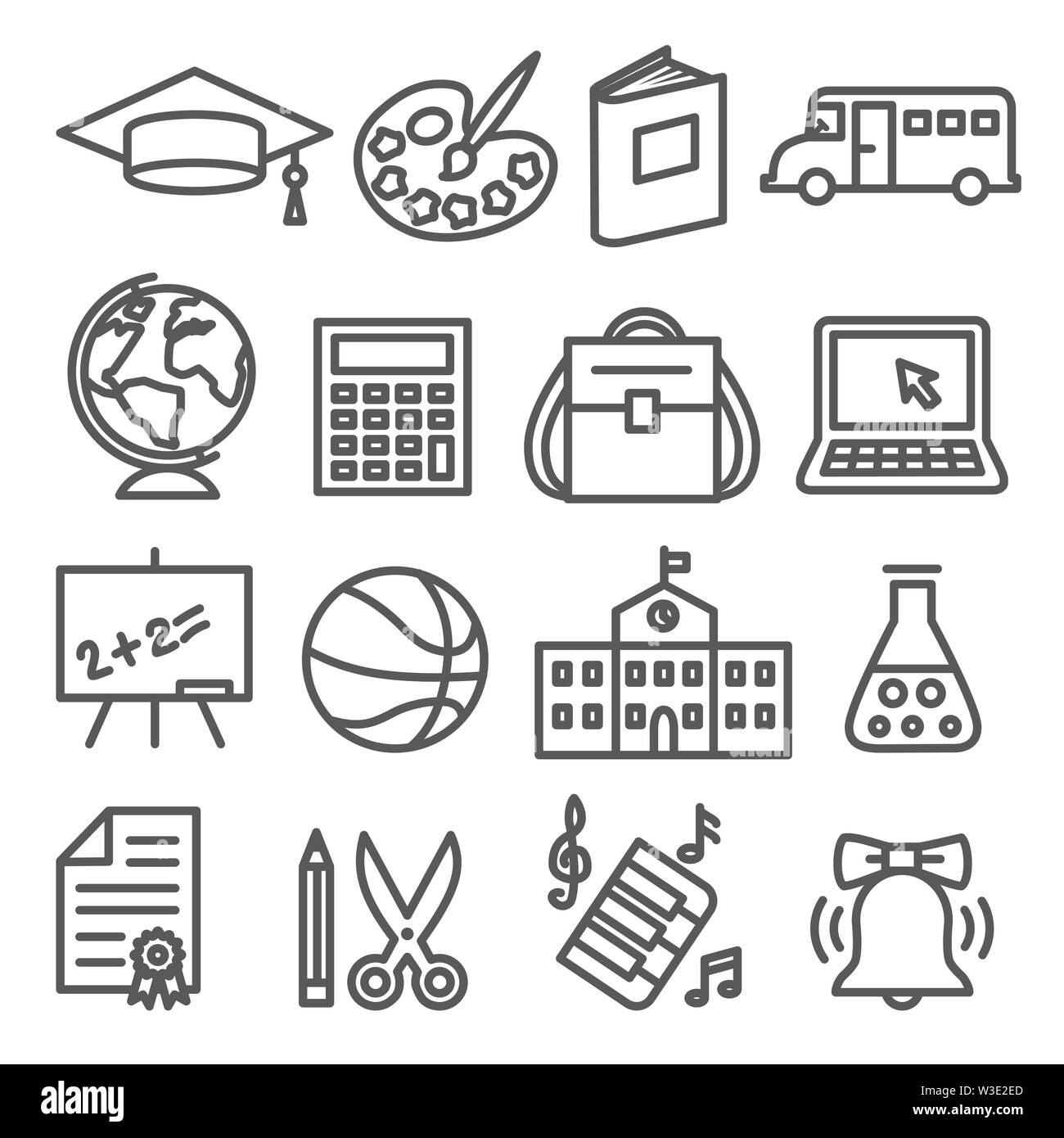 Schule und Bildung Zeile für Symbole auf weißem Hintergrund Stock Vektor