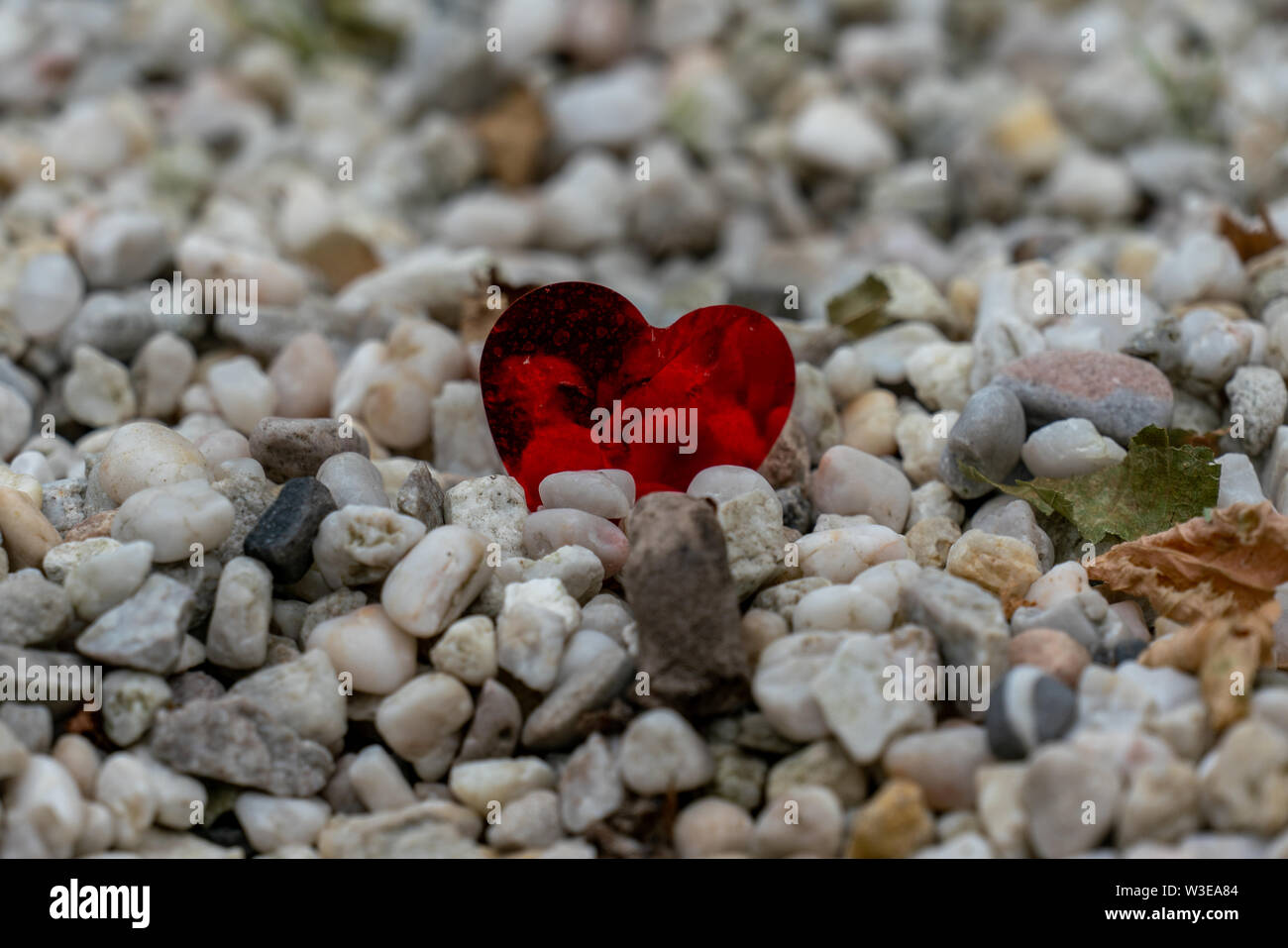 Eine einsame rote Folie Herzen links auf einen Kieselstein weg nach einem weddingfocused Stockfoto