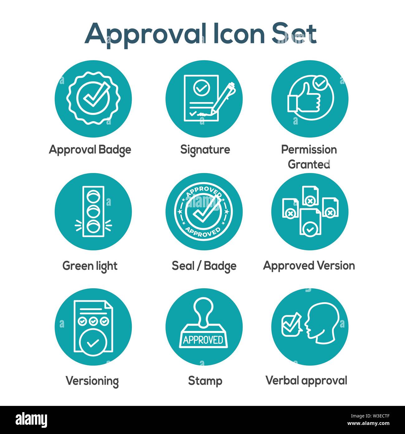 Genehmigung und Unterzeichnung Icon Set w Stempel und version Symbole Stock Vektor