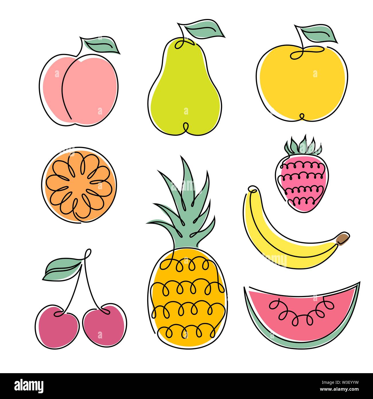 Einstellen der Früchte Symbole auf dem weißen Hintergrund. Eine Zeichnung Stil. Stock Vektor