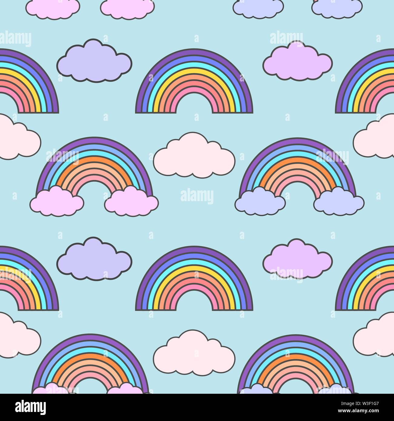 Regenbögen in den Himmel Vektor-illustration nahtlose Muster mit Wolken und Cartoon Regenbögen auf hellblauem Hintergrund Stock Vektor