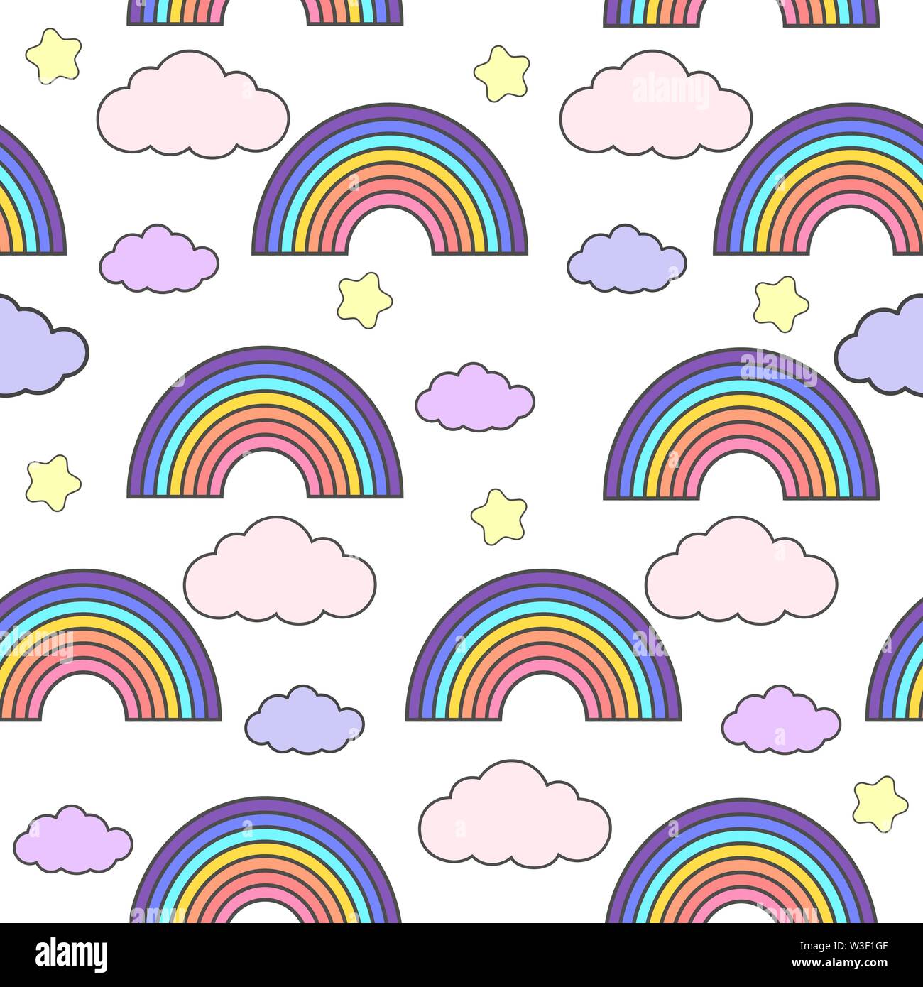 Rainbow nahtlose Muster Vector Illustration mit viele süße Regenbogen und Wolken auf weißem Hintergrund Stock Vektor