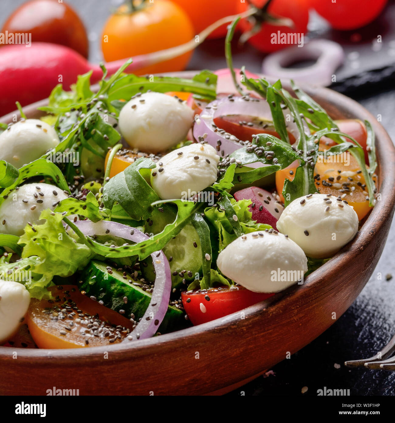 Gemüsesalat mit mocarella Käse, Salat, Tomaten, Radieschen, Gurken, Zwiebeln und Basilikum in Ton Teller Stockfoto