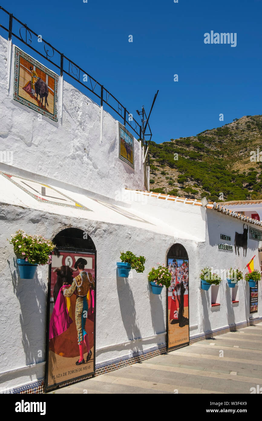 Typische Stierkampfarena, Mijas Pueblo. Provinz Malaga, Costa del Sol. Andalusien, Süd Spanien Europa Stockfoto