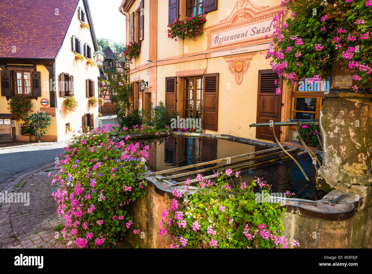 Alte malerische gut mit üppigen Blumenschmuck in Hunawihr, typisch für das Elsass, Frankreich, Mitglied der schönsten Dörfer von Frankreich Stockfoto
