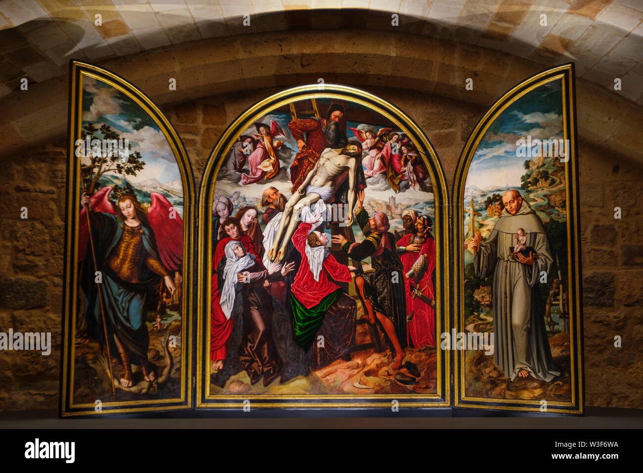 Triptychon von der Abstieg, Ambrosius Benson 1532-36. Malerei Zimmer unter Kreuzgang. Spätgotischen Architektur Stil, die Kathedrale Santa Iglesia Catedral de N Stockfoto