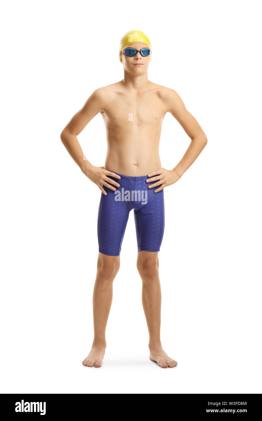 In voller Länge Porträt eines jungen Schwimmer auf weißem Hintergrund posiert Stockfoto