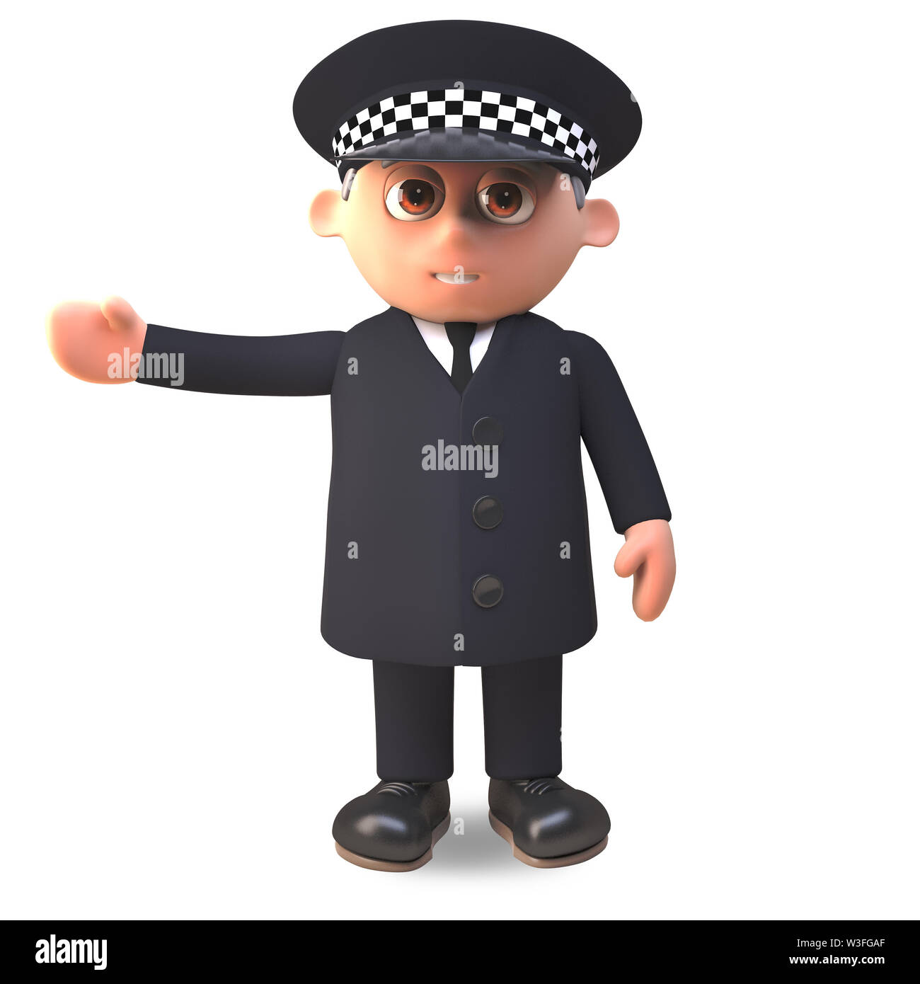 3d cartoon Polizisten in Uniform und deutete nach rechts mit seinem Arm, 3d-Grafik rendern Stockfoto