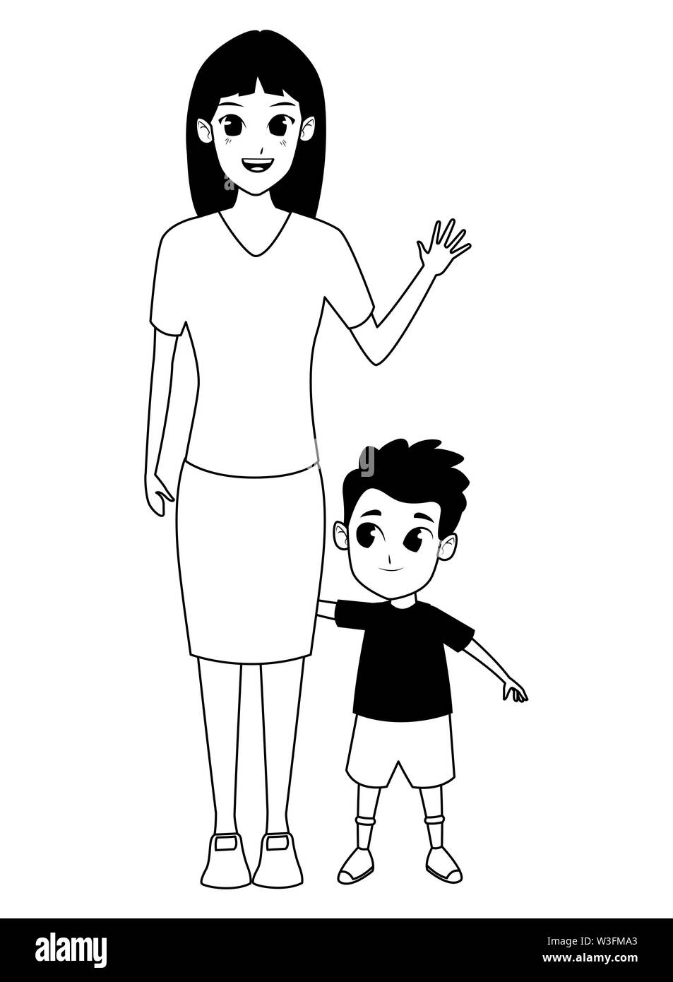 Alleinerziehende Mutter Mit Kindern Karikatur In Schwarz Und Weiss Stock Vektorgrafik Alamy