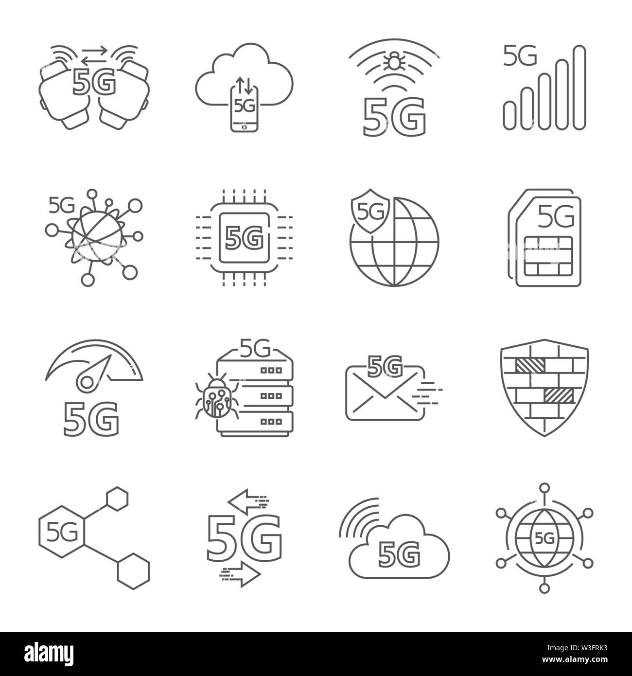 5G-Technologie wireless, 5g-Netzwerk, Mobilkommunikation der 5. Generation, 5G Mobile Internet. Satz linearer Vector Icons. Dünne Linie. Editierbare Anschlag Stock Vektor