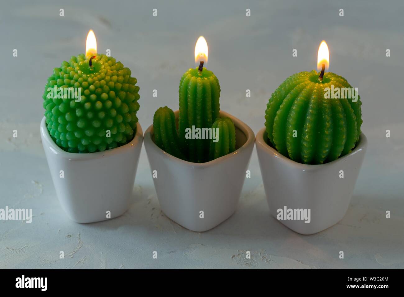 Drei Kerzen in Cactus Form auf weißem Hintergrund Stockfoto