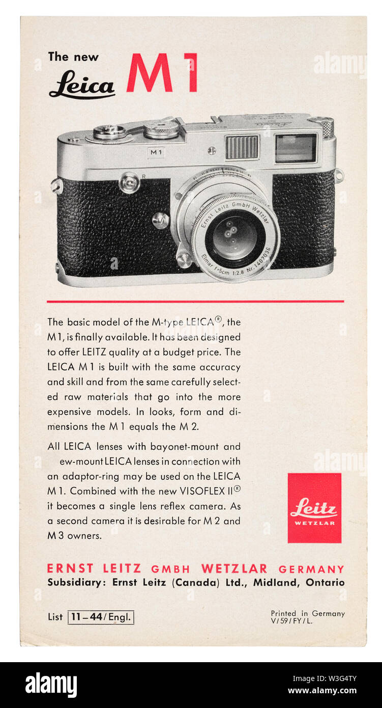 Jahrgang 1959 Leica M1 Sales Broschüre "Die neue Leica M1' Stockfoto