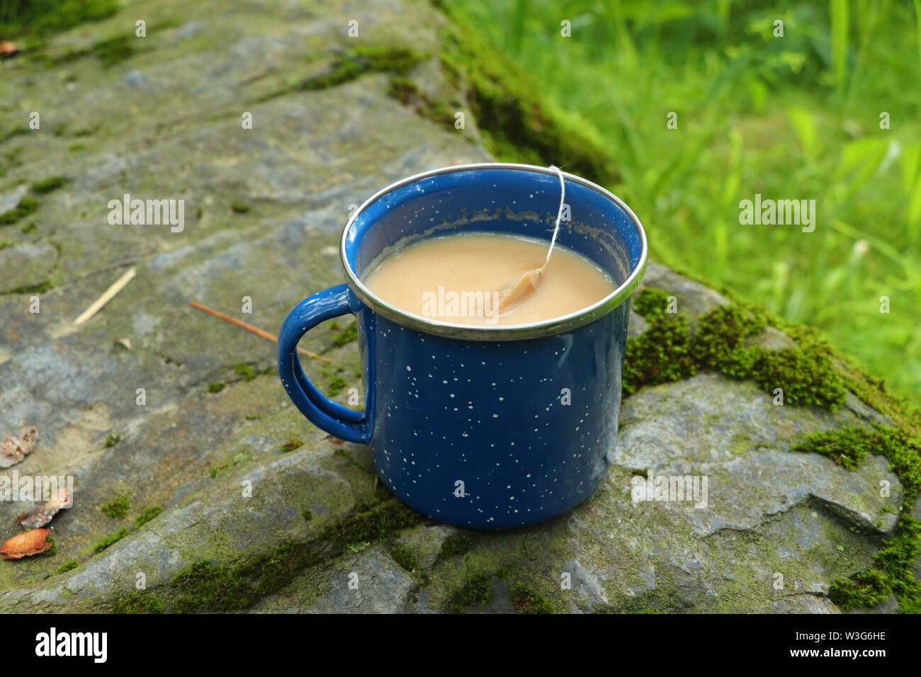 Kaffee Latte Chai Londoner Nebel in einem Emaille Tasse auf einem Felsen, Outdoor, Camping, Picknick Stockfoto