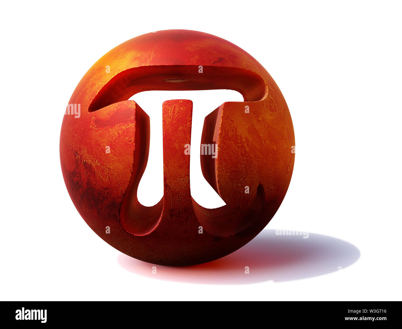 Symbol für Pi und Planet Mars, mathematische Konstante isoliert auf weißem Hintergrund (surreal 3d-Abbildung) Stockfoto