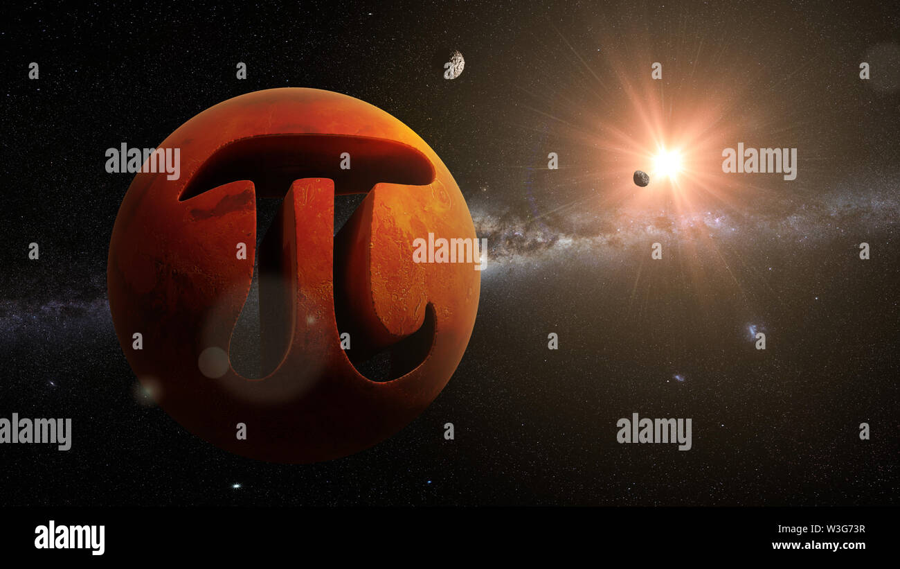 Symbol für Pi und Planet Mars, mathematische Konstante im Weltraum (surreal 3d-Abbildung) Stockfoto