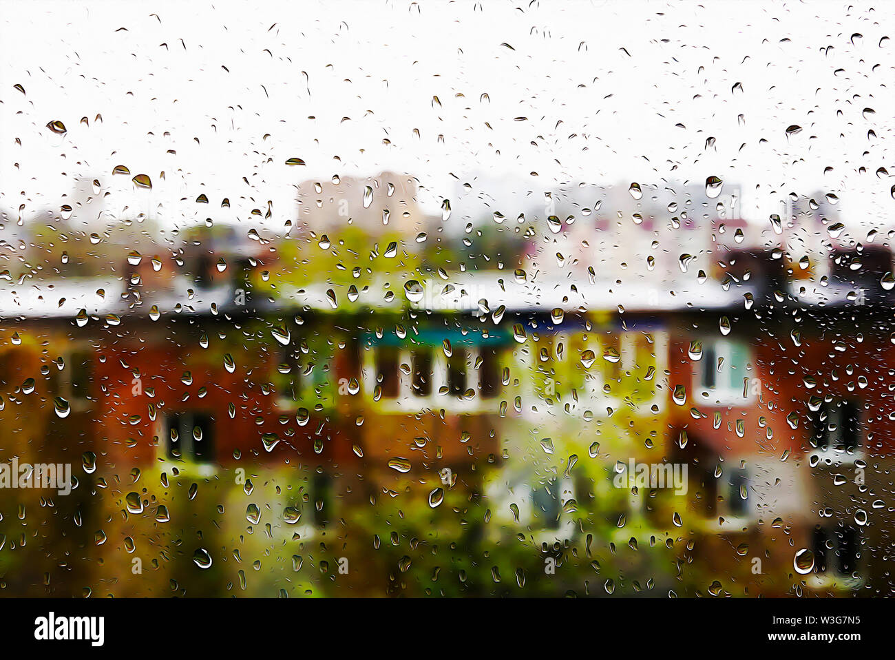 Wassertropfen auf der Scheibe. Hinter dem Glas Silhouetten von Gebäuden mit Fenstern. Öl Malerei Stockfoto