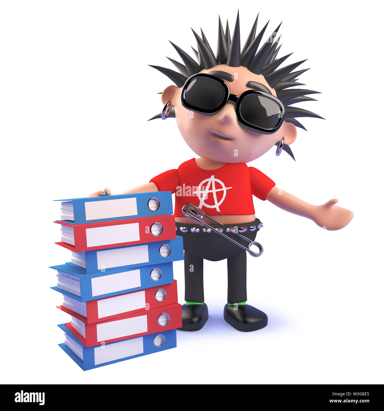 Das gerenderte Bild von einem Cartoon Teufelskreis Punk Rocker steht neben einem Stapel von Ordnern, 3D-Darstellung Stockfoto