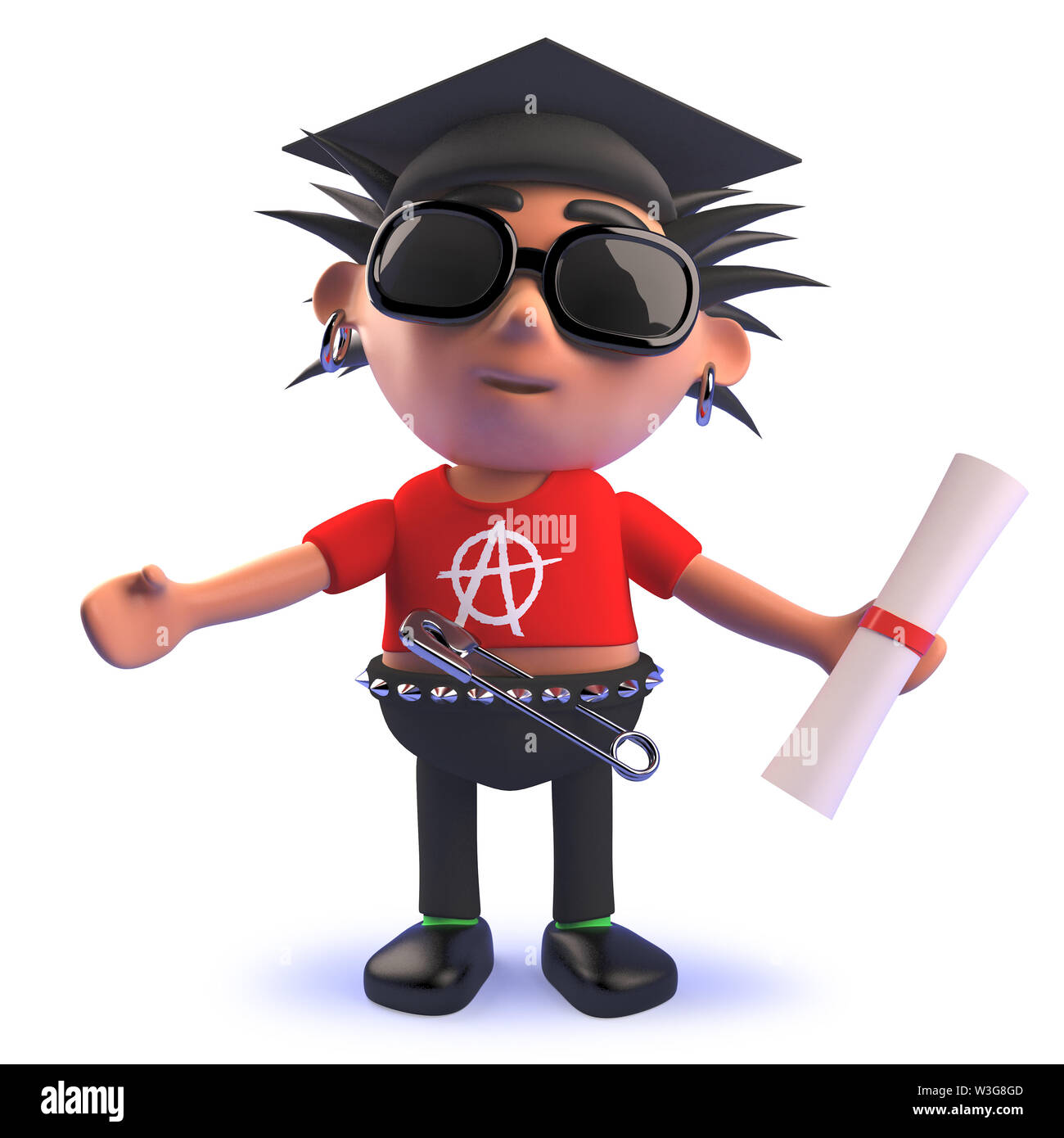 Das gerenderte Bild eines 3D-cartoon Teufelskreis punk rock Charakter trägt einen Mörser und dem Diplom Stockfoto