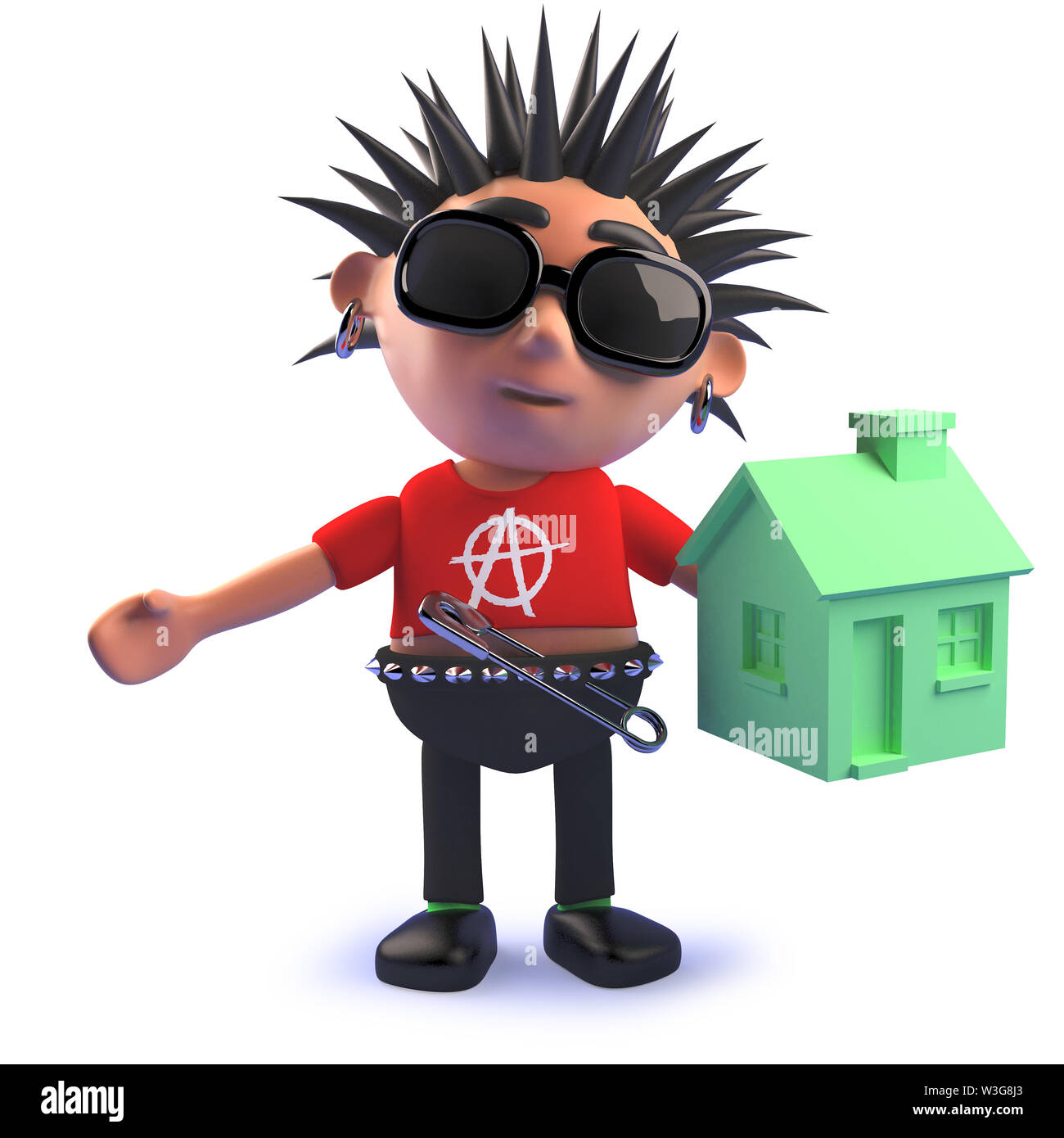 Das gerenderte Bild eines Punk Rock cartoon Charakter in 3d Holding eine grüne erneuerbare Energie Haus Stockfoto
