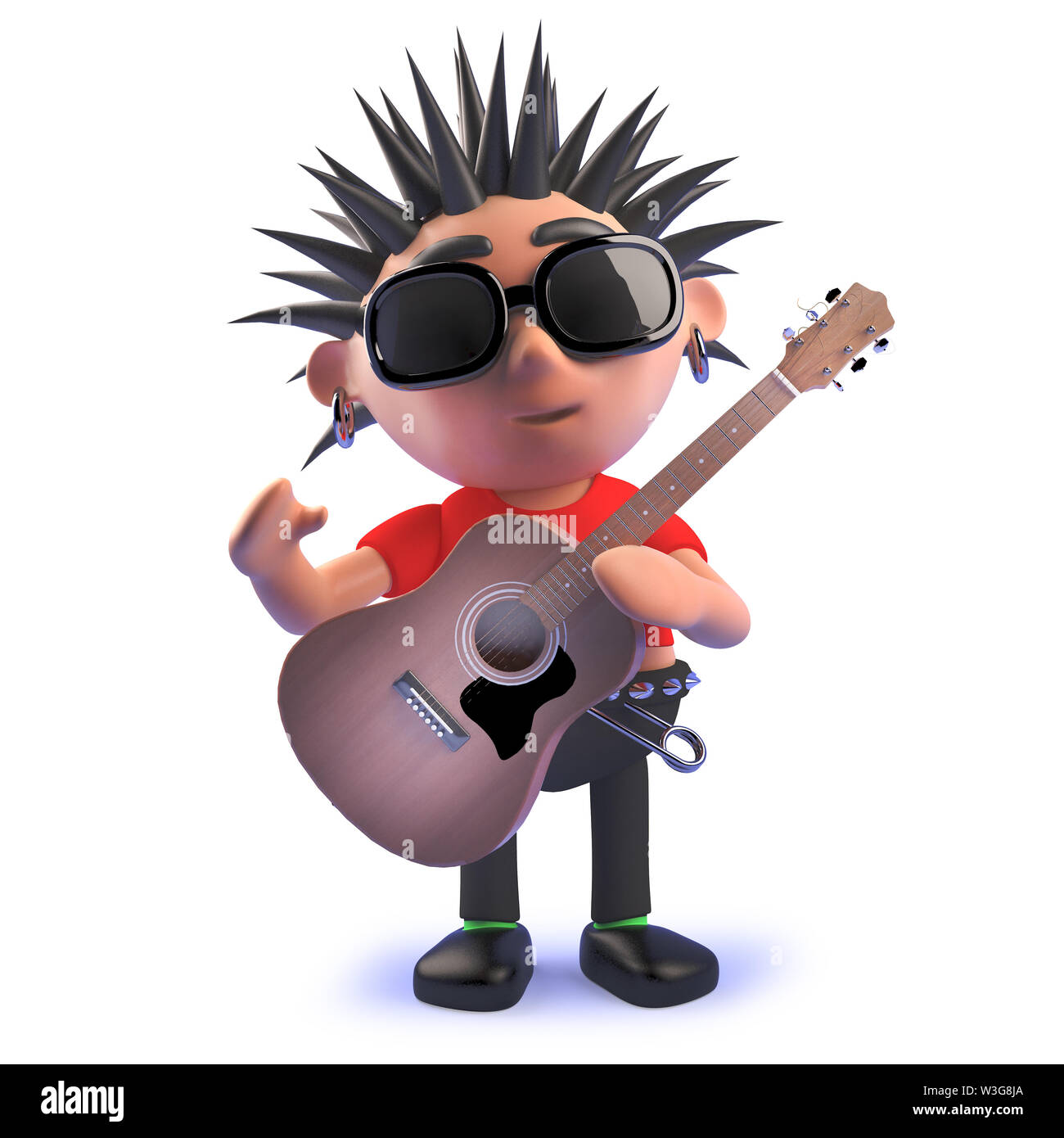 Ein gerendertes Bild von einem Cartoon morsche 3d-Punk Rocker Charakter spielen eine akustische Gitarre. Stockfoto