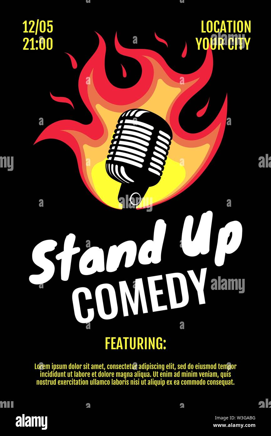 Stand Up Comedy Nacht Live Show A3 A4 Poster Design Vorlage. Retro-Mikrofon mit Feuer auf schwarzem Hintergrund. Hot Witze Braten Konzept Flyer. Vektor-Grafik mit offenem Mikrofon Stock Vektor