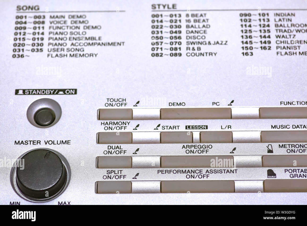 Alte Musik keyboard Synthesizer Bedienfeld mit Drehknöpfen und Lautstärkeregler in der selektiven Fokus Stockfoto