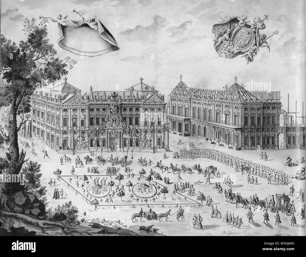 Die neue Residenz Würzburg der Fürstbischof Friedrich Carl von Schönborn im Bau, ca. 1730. Auf dieser zeitgenössische Gravur, der Fürstbischof ist ein Besuch der Website. Stockfoto