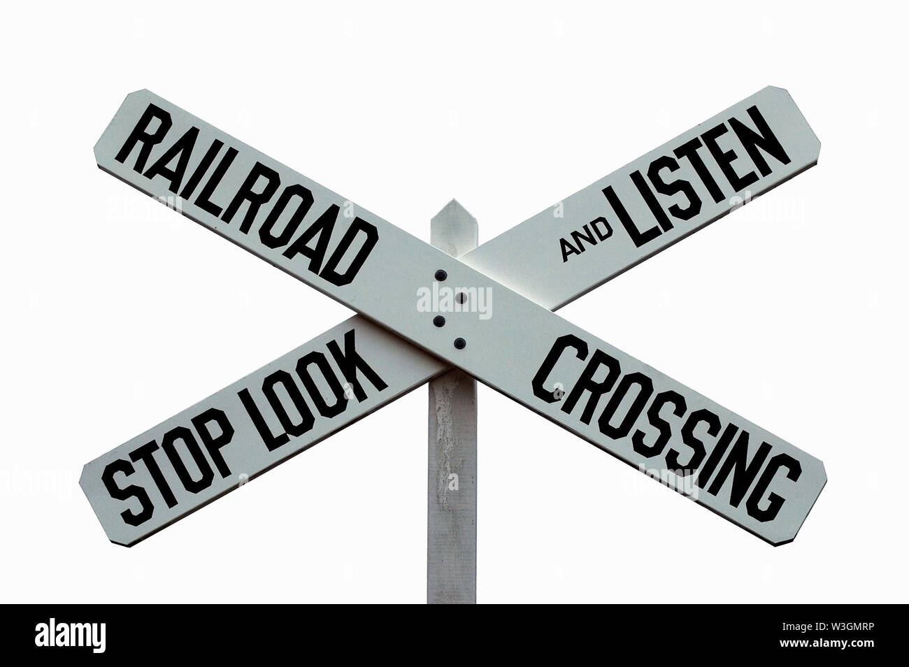 Klassische Bahnübergang stoppen Sie, schauen Sie und hören Sie Vorsicht Warnschild Stockfoto