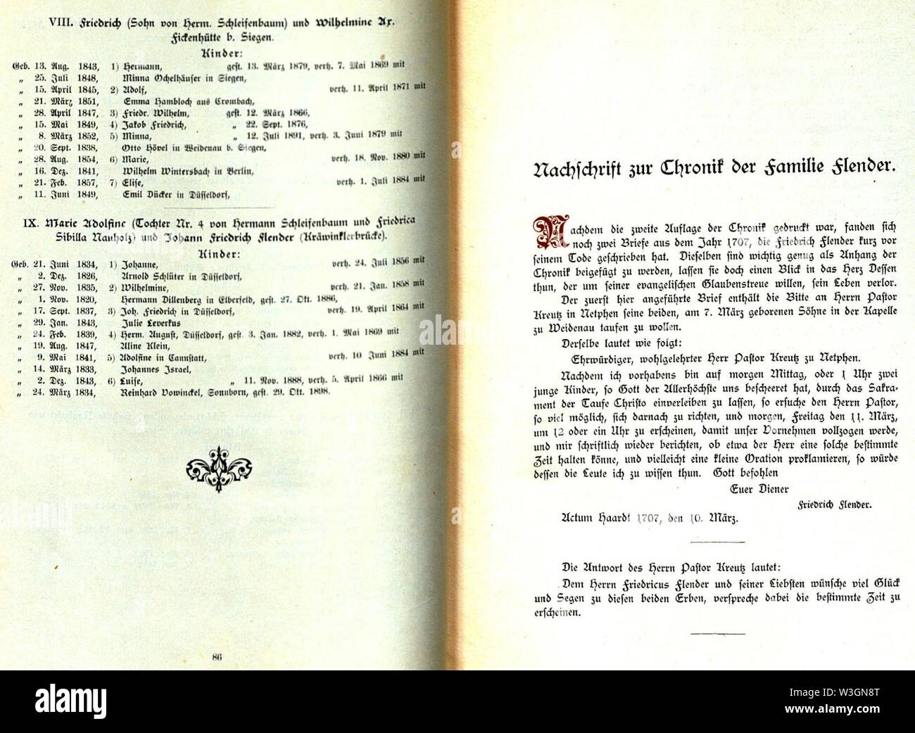 CHRONIK DER FAMILIE FLENDER, Ludwig Voss (Verlag), Düsseldorf 1900, S.86. Stockfoto