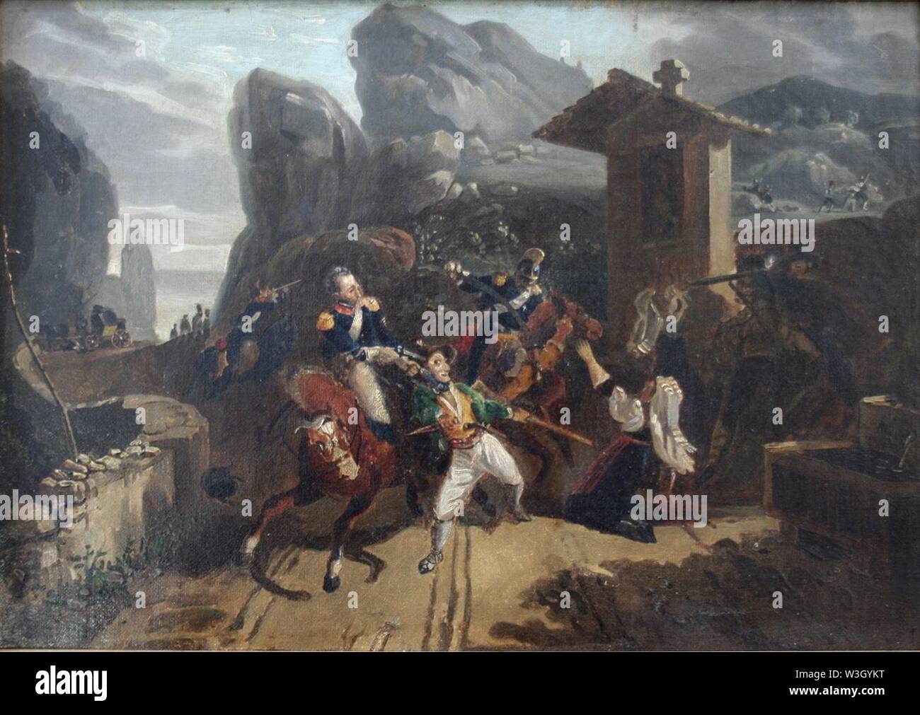Kreis der CARLE VERNET (1758-1835) RÄUBER ANGREIFEN HUSAREN AUF EINEM BERG STRASSE Öl auf Leinwand. Stockfoto
