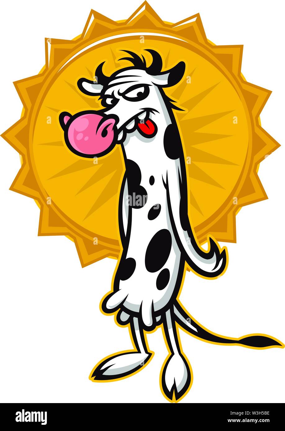 Cartoon niedliche Kuh. Emblem für den Druck. Eine gehörnte Niedliche Tier. Das Bild ist auf weißem Hintergrund. Lustige Tier Maskottchen. Eine urkomische Charakter für einen g Stock Vektor