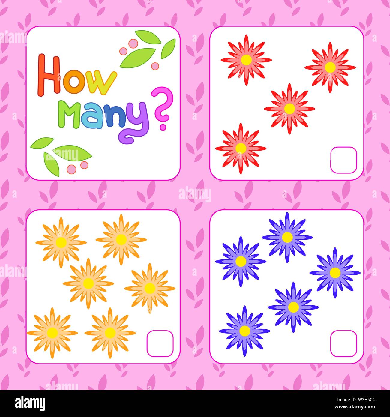 Zählen Spiel für Kinder im Vorschulalter für die Entwicklung der mathematischen Fähigkeiten. Wie viele Blumen. Mit einem Platz für Antworten. Einfache flache isolierte v Stock Vektor