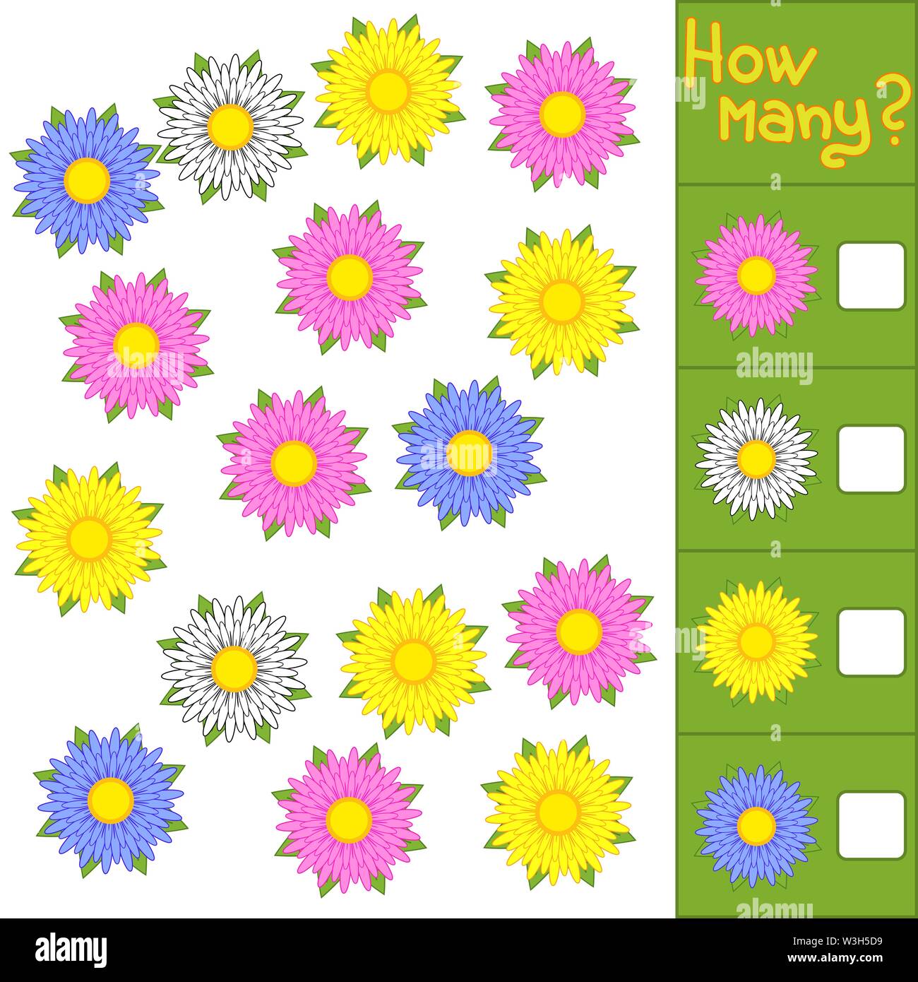 Zählen Spiel für Kinder im Vorschulalter für die Entwicklung der mathematischen Fähigkeiten. Wie viele Blumen. Mit einem Platz für Antworten. Einfache flache isolierte v Stock Vektor