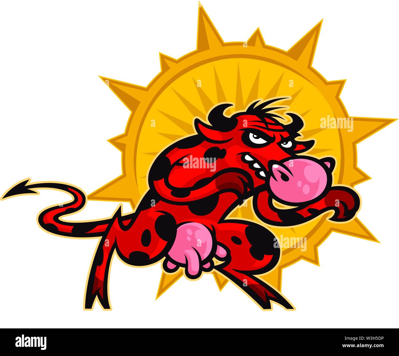 Cartoon niedliche Kuh. Abbildung eines roten aggressiver Stier. Bild von einem Zeichen auf weißem Hintergrund. Lustige Tier Maskottchen. Die Kuh ist ein Tyrann. T Stock Vektor