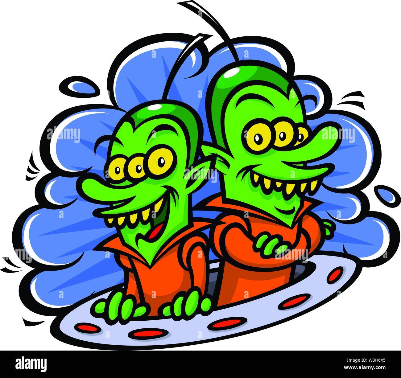 Lustige Außerirdischen in ein Raumschiff. Vector Illustration in einem flachen Stil. Das Bild ist auf weißem Hintergrund. Zeichen für Druck, Web und Spiele. Stock Vektor