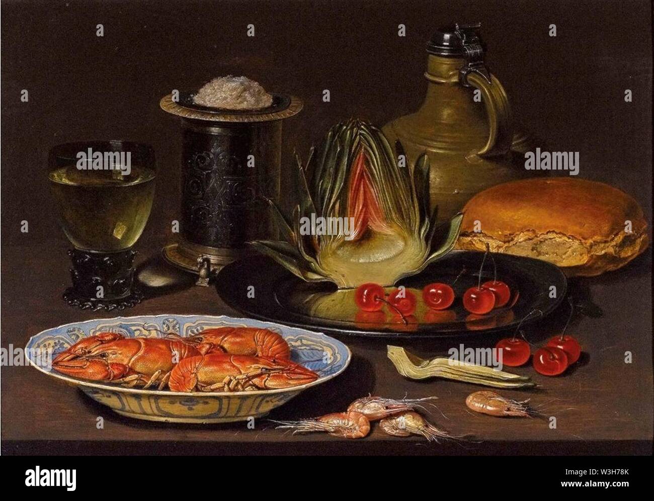 Clara Peeters. Bodegon con alcachofa, cangrejos y cerezas, c 1618. Öl an Bord. Stockfoto